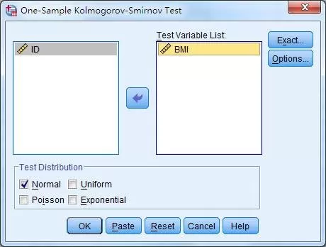 SPSS dialog configuring one-sample K–S test for normal distribution